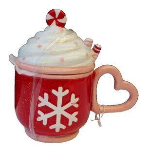 New Christmas Red Snowflake Heart Coffee Cup Mug W/ Peppermint Whipped Cream Top